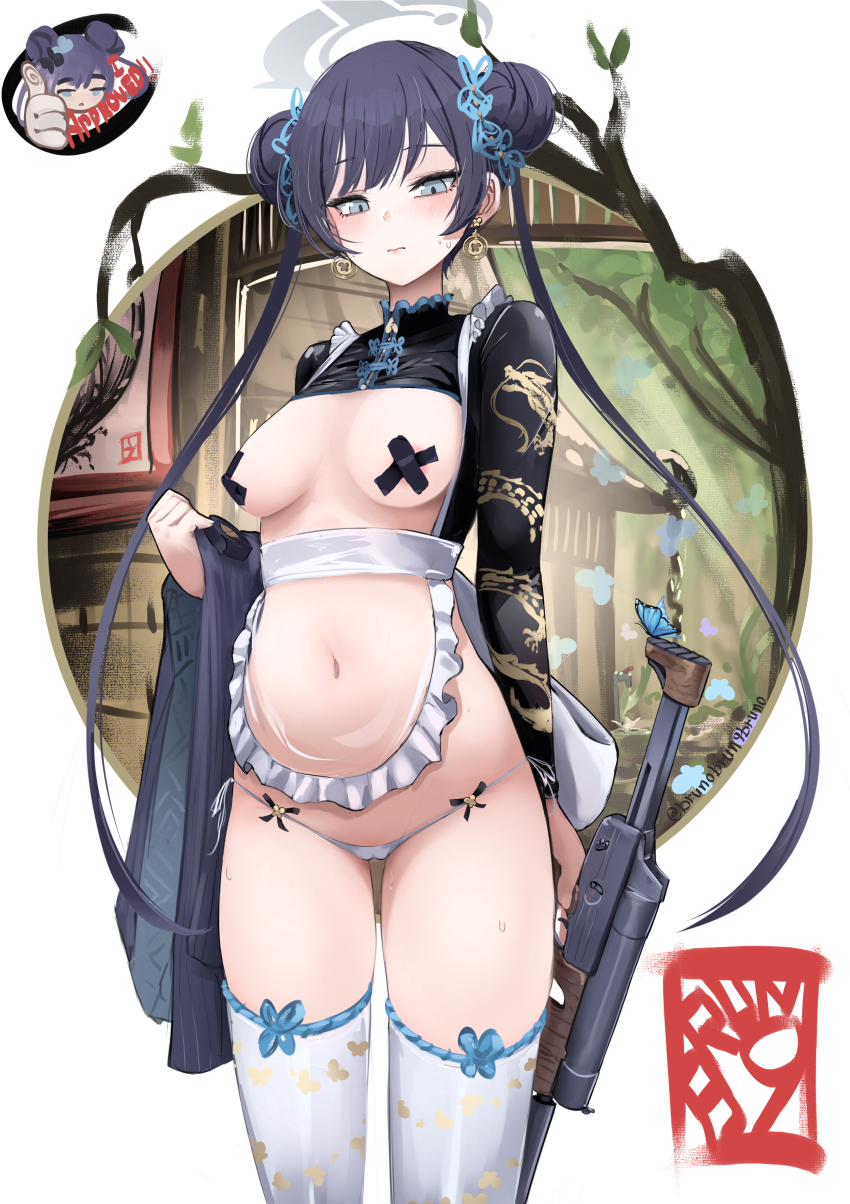 1girl absurdres aged_up apron black_hair black_pasties black_shrug blue_archive breasts brunobrun9bruno closed_mouth coat commentary_request cross cross_pasties double_bun dragon_print frilled_apron frills grey_eyes grey_halo gun hair_bun halo highres holding holding_gun holding_weapon kisaki_(blue_archive) long_hair long_sleeves looking_at_viewer medium_breasts navel panties pasties revealing_clothes see-through_apron see-through_clothes shrug_(clothing) simple_background solo sweat thighs twintails underwear unworn_coat weapon weapon_request white_background white_panties
