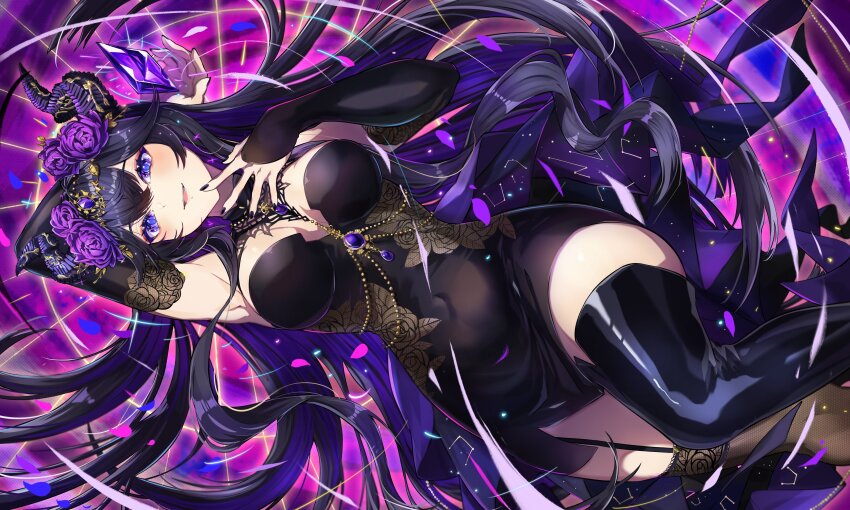 1girl absurdres arm_behind_head armpits asymmetrical_legwear black_boots black_dress black_hair black_horns black_nails black_sleeves black_thighhighs body_jewelry boots breasts broken_horn chain colored_inner_hair commentary covered_navel detached_sleeves dress english_commentary eyeshadow feet_out_of_frame flower garter_straps gem gold_chain hair_flower hair_ornament hair_spread_out halter_dress halterneck hand_to_own_mouth head_chain hidanegi highres horns indie_virtual_youtuber jewelry knee_up large_breasts long_hair lying makeup mismatched_legwear multicolored_hair on_back purple_eyes purple_flower purple_gemstone purple_hair second-party_source short_dress single_garter_strap single_thigh_boot smile solo thigh_boots thighhighs unjaded_(vtuber) very_long_hair virtual_youtuber