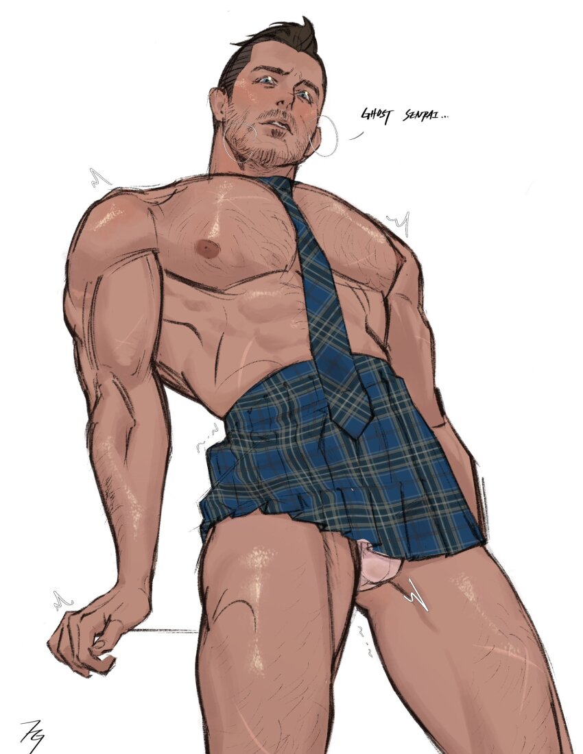 1boy abs bara beard_stubble between_pectorals blue_skirt blush breath bulge bulge_peek call_of_duty call_of_duty:_modern_warfare_2 crossdressing crossdressing_(mtf) dark-skinned_male dark_skin english_text facial_hair from_below highres large_pectorals looking_at_viewer male_focus mature_male muscular muscular_male mustache_stubble necktie necktie_between_pectorals nipples not_present notrealfitzgerald panties panty_peek parody parted_lips pectorals short_hair sideburns skirt soap_(modern_warfare_2) solo sparse_chest_hair stubble thick_thighs thighs topless_male trembling undercut underwear white_background