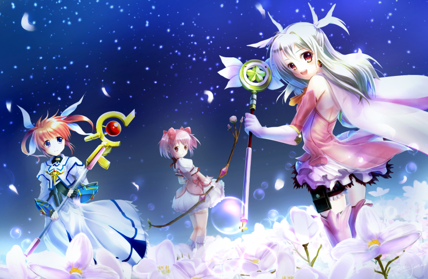 00s 10s 2015 3girls :d backless_outfit bare_back bare_shoulders blue_eyes bow bow_(weapon) crossover earrings fate/kaleid_liner_prisma_illya fate_(series) feathers fingerless_gloves flower gloves gradient_background hair_bow highres illyasviel_von_einzbern jewelry kaleidostick kaname_madoka kaname_madoka_(magical_girl) kneehighs lyrical_nanoha magazine_(weapon) magical_girl magical_ruby mahou_shoujo_lyrical_nanoha mahou_shoujo_madoka_magica mahou_shoujo_madoka_magica_(anime) multiple_crossover multiple_girls open_mouth orange_hair pink_hair pouch prisma_illya purple_eyes raising_heart raising_heart_(accel_mode) red_eyes red_hair short_twintails signature smile socks staff star_(symbol) takamachi_nanoha takamachi_nanoha_(exelion_mode) thighhighs trait_connection twintails weapon white_gloves white_hair wings yuitsuki1206