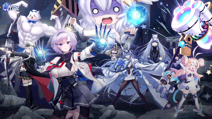6+girls april_fools arkhangelsk_(azur_lane) arkhangelsk_(grandiose_getaway)_(azur_lane) arm_under_breasts avengers_(series) azur_lane black_widow bow_(weapon) cable captain_america coat commentary copyright_name country_connection electric_plug electric_plug_tail english_commentary enterprise_(azur_lane) hair_ornament hammer hawkeye_(marvel) hulk iron_man logo marvel marvel_cinematic_universe mechanical_gloves meowfficer_(azur_lane) multiple_girls new_jersey_(azur_lane) nick_fury northampton_(azur_lane) northampton_ii_(azur_lane) off_shoulder official_art parody ponzu_(catponz) reno_(azur_lane) see-through_clothes see-through_shirt shield shirt specialized_bulin_mkiii_(azur_lane) tail thor_(marvel) title_screen trait_connection triangle_hair_ornament universal_bulin_(azur_lane) weapon wisdom_cube_(azur_lane)