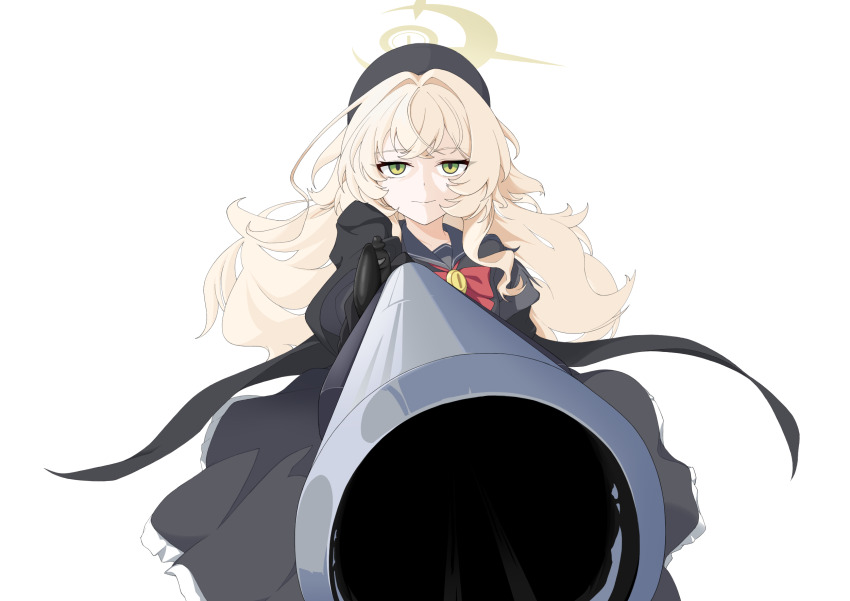1girl antique_firearm beret black_coat black_hat black_sailor_collar black_serafuku blonde_hair blue_archive bow bowtie coat expressionless firearm firelock flintlock fluffy_hair green_eyes gun halo hat highres holding holding_gun holding_weapon looking_at_viewer mandara3a open_clothes open_coat professor_niyaniya_(blue_archive) red_bow red_bowtie sailor_collar school_uniform serafuku side_ahoge solo weapon white_background yellow_halo