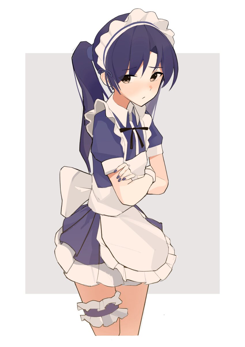 1girl absurdres apron blue_dress blue_hair blue_nails blush border brown_eyes ch2haya_p closed_mouth cropped_legs crossed_arms dress frilled_thigh_strap grey_background highres idolmaster idolmaster_(classic) kisaragi_chihaya long_hair maid maid_apron maid_headdress nail_polish outside_border puffy_short_sleeves puffy_sleeves short_sleeves solo standing thigh_strap twintails white_apron white_border white_headdress