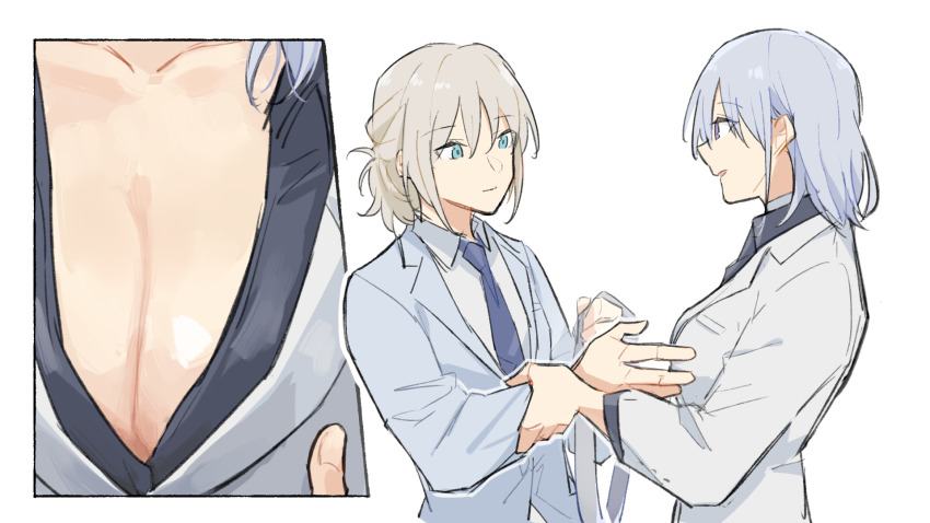 2girls alternate_costume an-94_(antje)_(girls&#039;_frontline) an-94_(girls&#039;_frontline) aqua_eyes blue_eyes blue_jacket blue_neckwear blue_suit breasts cleavage closed_mouth collared_shirt commentary_request defy_(girls&#039;_frontline) formal_clothes girls&#039;_frontline grey_blazer grey_shirt highres holding_another&#039;s_arm jacket large_breasts looking_at_another multiple_girls open_mouth platinum_blonde_hair purple_eyes rpk-16_(girls&#039;_frontline) rpk-16_(renate)_(girls&#039;_frontline) shirt short_hair sidelocks silver_hair suit white_background xinhao