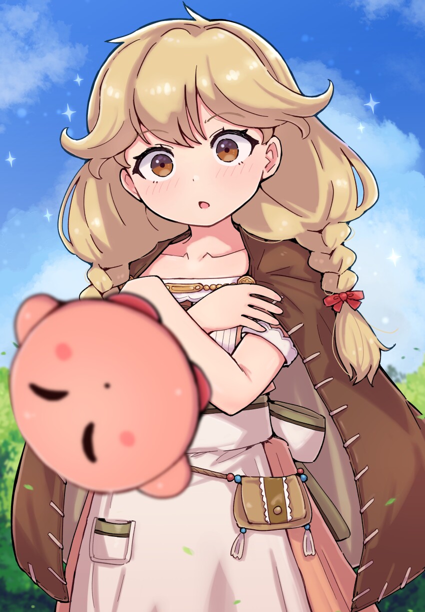 1girl absurdres anti-kirby blonde_hair blush braid brown_eyes brown_hair cameo cape close-up commission dress faye_(fire_emblem) fire_emblem fire_emblem_echoes:_shadows_of_valentia highres holding jewelry kirby_(series) kutabireta_neko long_hair low-braided_long_hair low-tied_long_hair nintendo open_mouth sky solid_oval_eyes sparkle surprised the_legend_of_zelda the_legend_of_zelda:_link&#039;s_awakening twin_braids