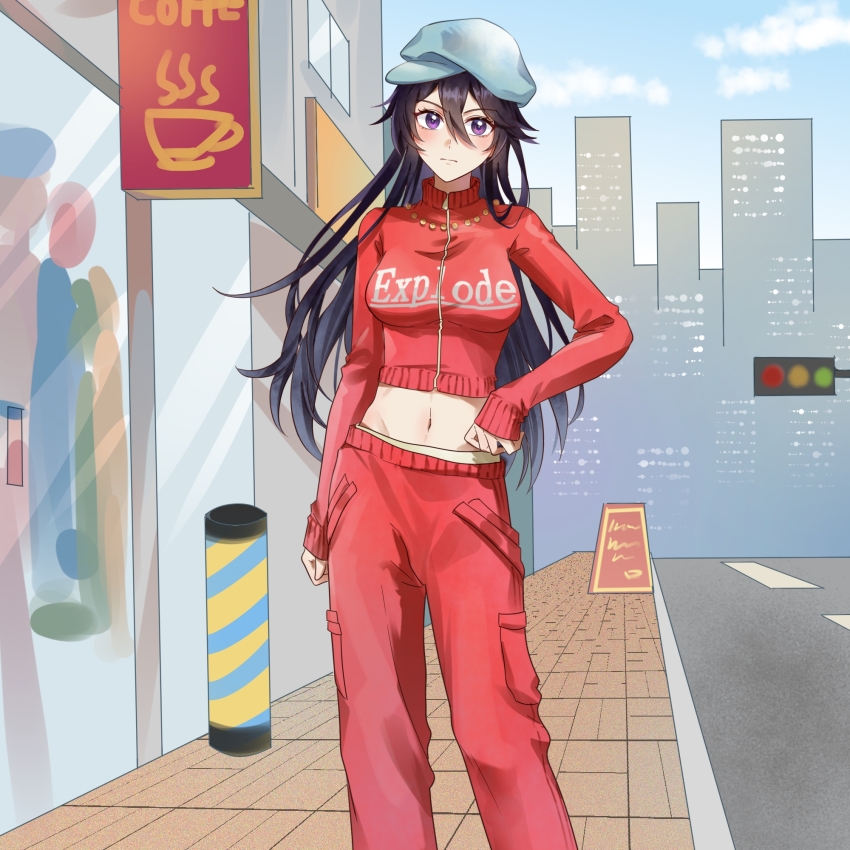 1girl alternate_costume arm_at_side bambietta_basterbine beret black_hair bleach bleach:_sennen_kessen-hen blue_hat blush breasts casual closed_mouth clothes_writing commentary day deadman70232800 double-parted_bangs english_text eyelashes feet_out_of_frame hair_between_eyes hand_on_own_hip hat highres jacket large_breasts light_frown long_hair looking_at_viewer midriff outdoors pants perspective purple_eyes red_jacket red_pants sleeves_past_wrists solo split_mouth standing very_long_hair