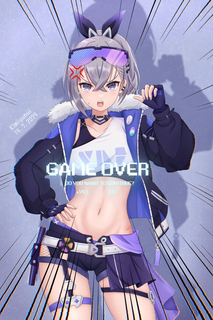 1girl eyewear_on_head fur-trimmed_jacket fur_trim goggles goggles_on_head gradient-tinted_eyewear grey_eyes highres honkai:_star_rail honkai_(series) jacket kimiganai1 navel open_fly purple-tinted_eyewear shirt shorts silver_wolf_(honkai:_star_rail) single-shoulder_shirt solo tinted_eyewear