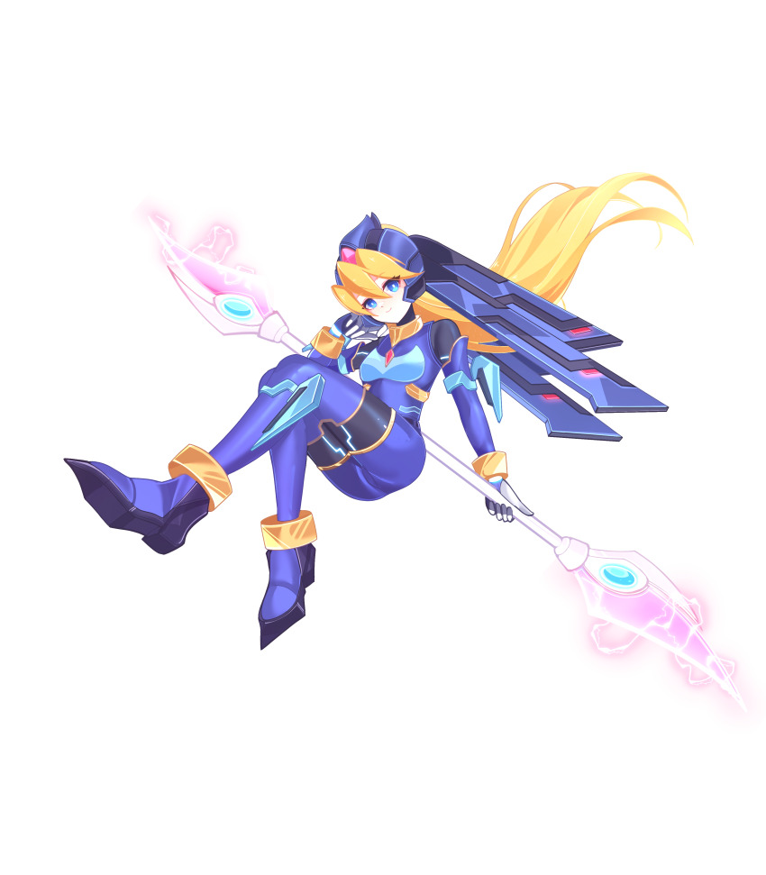 1girl absurdres aizeis alternate_costume alternate_hairstyle armor beam_weapon belt blonde_hair blue_eyes bodystocking boots breasts chest_jewel ciel_(mega_man) commission commissioner_upload crossed_legs elbow_gloves energy_blade eyelashes full_body gloves glowing glowing_lines glowing_markings helmet highres holding holding_polearm holding_weapon long_hair looking_at_viewer mechanical_ears mega_man_(series) mega_man_zero_(series) mega_man_zx model_l_(mega_man) non-web_source petite polearm ponytail shorts small_breasts thigh_boots transparent_background weapon