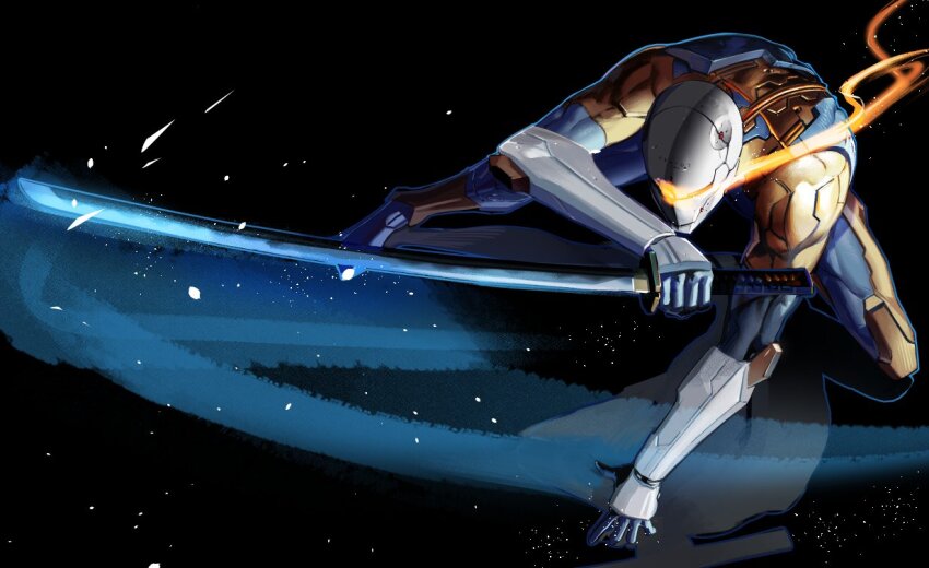 1boy armor cofffee cyborg cyborg_ninja fighting_stance full_body gloves gray_fox helmet holding holding_sword holding_weapon male_focus mask metal_gear_(series) metal_gear_solid metal_gear_solid_2:_sons_of_liberty ninja one-eyed science_fiction solo sword weapon