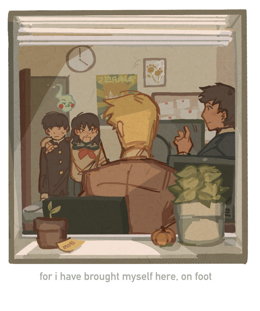 1girl 3boys arm_around_shoulder black_hair window_blinds blonde_hair clock closed_mouth commentary ekubo_(mob_psycho_100) english_commentary english_text flower_pot from_outside gakuran highres indoors kageyama_shigeo kurata_tome long_sleeves looking_at_another mob_psycho_100 mp100days multiple_boys office open_mouth plant poster_(object) potted_plant reigen_arataka school_uniform serafuku serizawa_katsuya short_hair spirit standing window