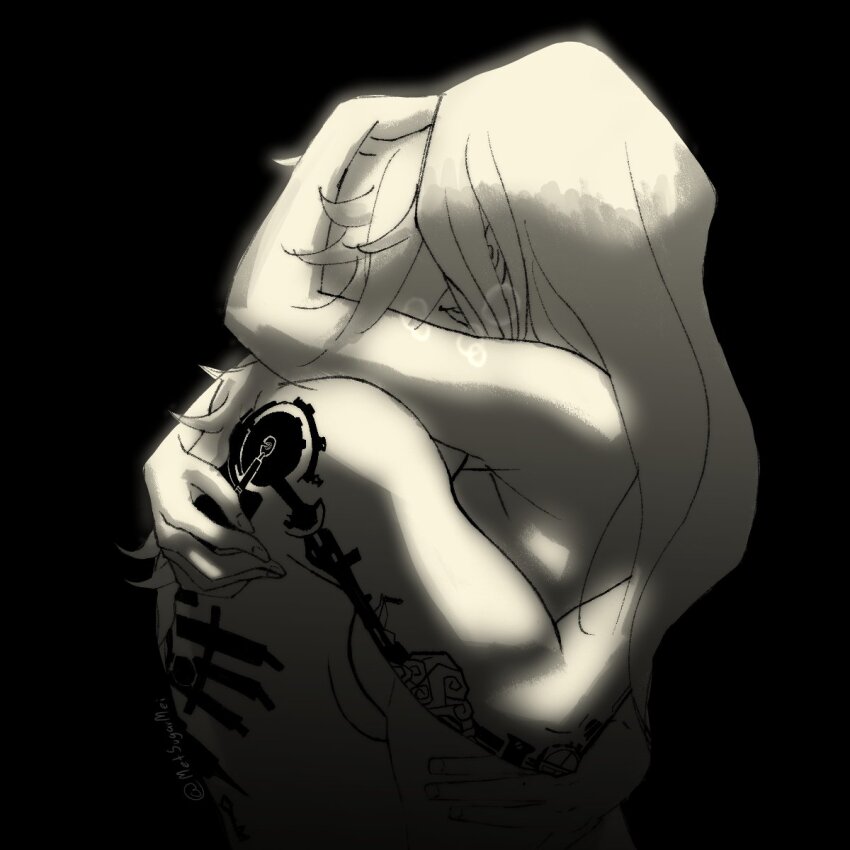 2girls arcane:_league_of_legends arcane_caitlyn arcane_vi arm_tattoo back_tattoo breasts caitlyn_(league_of_legends) commentary french_kiss greyscale heavy_breathing highres kiss league_of_legends long_hair medium_breasts metsugarmei monochrome multiple_girls nude sepia tattoo toned toned_female vi_(league_of_legends) yuri