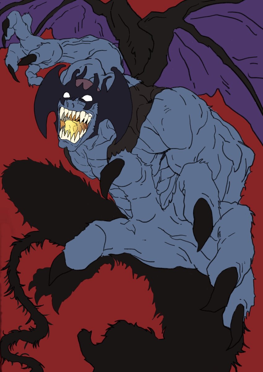 amon_(devilman) bat_wings blue_skin clawed_hands claws colored_skin colored_tongue demon devilman fangs fudou_akira highres incoming_attack sukesukeburger tail white_eyes wings yellow_tongue