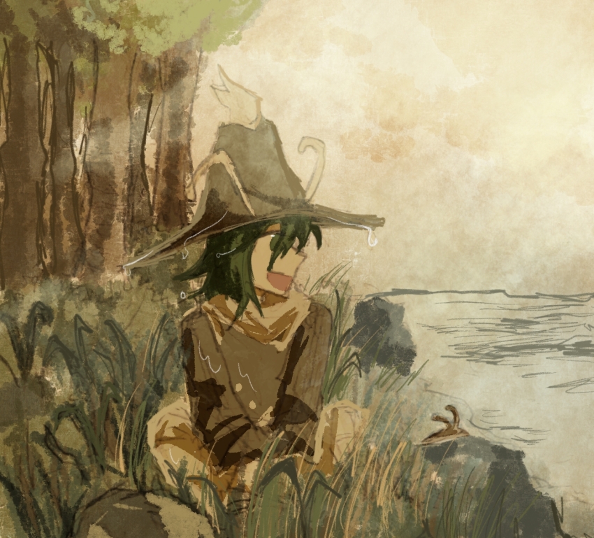 1other amanomori_shou androgynous antennae branch brown_eyes brown_hat brown_sleeves chinese_commentary cloud cloudy_sky commentary_request day detached_sleeves forest full_body grass green_eyes green_hair green_shoes hair_between_eyes hands_on_lap happy hat highres layered_sleeves len&#039;en long_sleeves looking_to_the_side medium_hair nature open_mouth other_focus outdoors pants river rock scenery shi_tong shirt shoes sitting sky smile solo turtleneck turtleneck_shirt wet white_pants white_shirt wide_brim