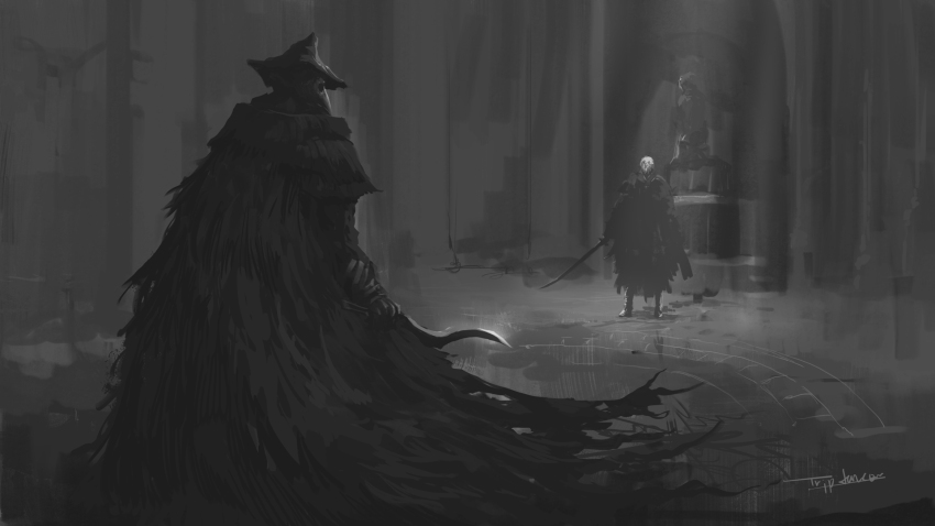 1boy 1girl artist_name blade_of_mercy bloodborne bloody_crow_of_cainhurst chikage_(bloodborne) coat eileen_the_crow feather-trimmed_coat gauntlets helmet highres holding holding_sword holding_weapon indoors plague_doctor_mask standing sword tripdancer weapon