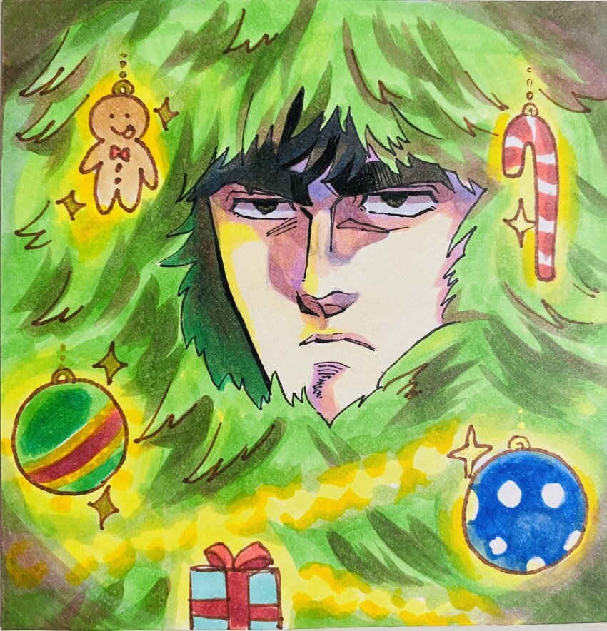 1boy black_hair christmas_ornaments christmas_tree derivative_work expressionless head_only highres hokuto_no_ken kenshiro looking_to_the_side male_focus meme scene_reference solo tatutatuta45