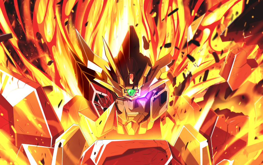 absurdres clenched_teeth damaged final_gaogaigar fire ginga_no_kou glowing glowing_eye hakaiou:_gaogaigar_vs._betterman highres mecha no_humans portrait purple_eyes red_eyes robot science_fiction solo teeth v-fin yuusha_ou_gaogaigar yuusha_series
