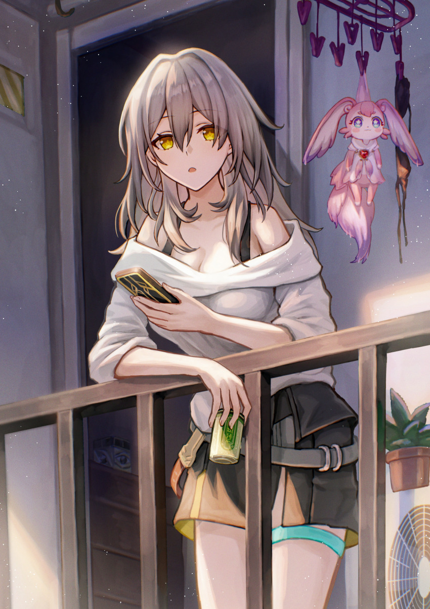 1girl absurdres against_railing black_skirt bra_strap breasts can cellphone condenser_unit grey_hair hanging heart-shaped_gem highres holding holding_can holding_phone honkai:_star_rail honkai_(series) isome leaning_forward long_hair looking_at_viewer loose_clothes loose_shirt medium_breasts mem_(honkai:_star_rail) open_mouth parted_lips phone pink_fur railing shirt skirt smartphone solo star-shaped_pupils star_(symbol) stelle_(honkai:_star_rail) symbol-shaped_pupils tail thigh_strap trailblazer_(honkai:_star_rail) white_shirt yellow_eyes