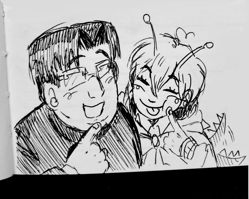 1boy 1girl adjusting_eyewear antennae black_hair blush closed_eyes couple dandadan ditzmill fingernails glasses hand_on_own_face hood lizard_tail obscured_eyes school_uniform short_hair smile sparkle sparkling_eyes straight_hair tail tail_wagging tongue tongue_out traditional_media v