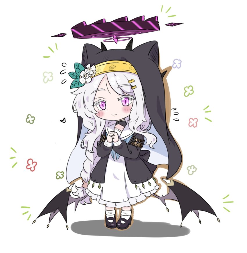 1girl ahoge black_halo blue_archive blush chibi cosplay demon_girl demon_horns demon_wings e_v_e_neko flower full_body hair_flower hair_ornament halo highres hina_(blue_archive) horns long_hair looking_at_viewer mari_(blue_archive) mari_(blue_archive)_(cosplay) purple_eyes solo standing white_background white_hair wings