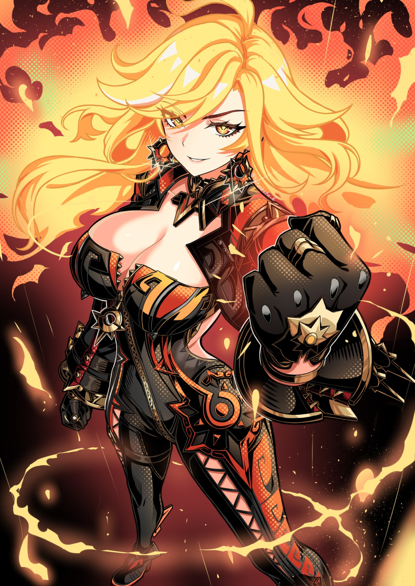 1girl absurdres black_bodysuit black_gloves black_jacket blonde_hair bodysuit breasts cleavage cropped_jacket detached_collar earrings fiery_hair genshin_impact gloves gold_trim grin highres jacket jewelry large_breasts long_hair long_sleeves looking_at_viewer mavuika_(genshin_impact) red_eyes smile solo thighs yuito_(yuitokobunasbs0)