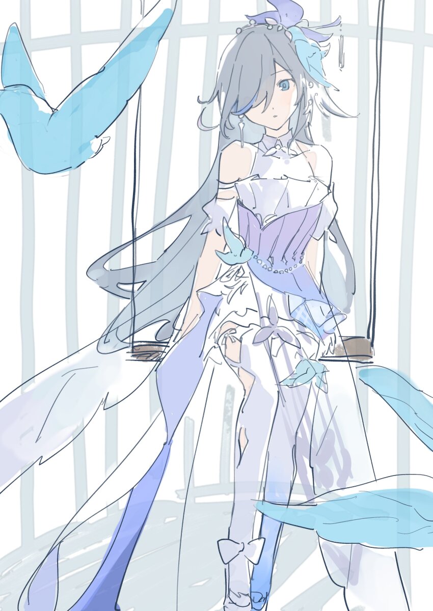 1girl absurdres black_hair blue_eyes closed_mouth dress earrings fu_hua fu_hua_(azure_empyrea) fu_hua_(cerulean_court) full_body hair_over_one_eye highres honkai_(series) honkai_impact_3rd jewelry long_hair looking_at_viewer roena seesaw single_earring sitting sleeveless sleeveless_dress solo thighhighs very_long_hair wedding_dress white_dress white_thighhighs