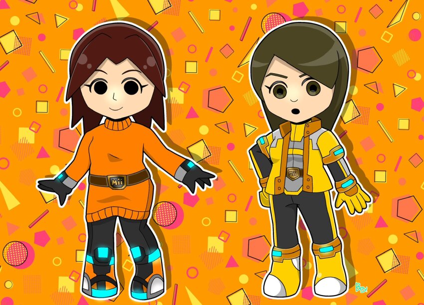 2girls belt black_gloves black_pants boots boys_310p breasts brown_eyes brown_hair crossover dress gloves green_eyes green_hair grin highres jacket knee_boots long_hair looking_at_viewer medium_breasts mii_(nintendo) mii_gunner mii_gunner_(smash_4) mii_gunner_(smash_ultimate) multiple_girls nintendo open_mouth orange_gloves pants parted_bangs short_hair smile super_smash_bros. sweater yellow_boots