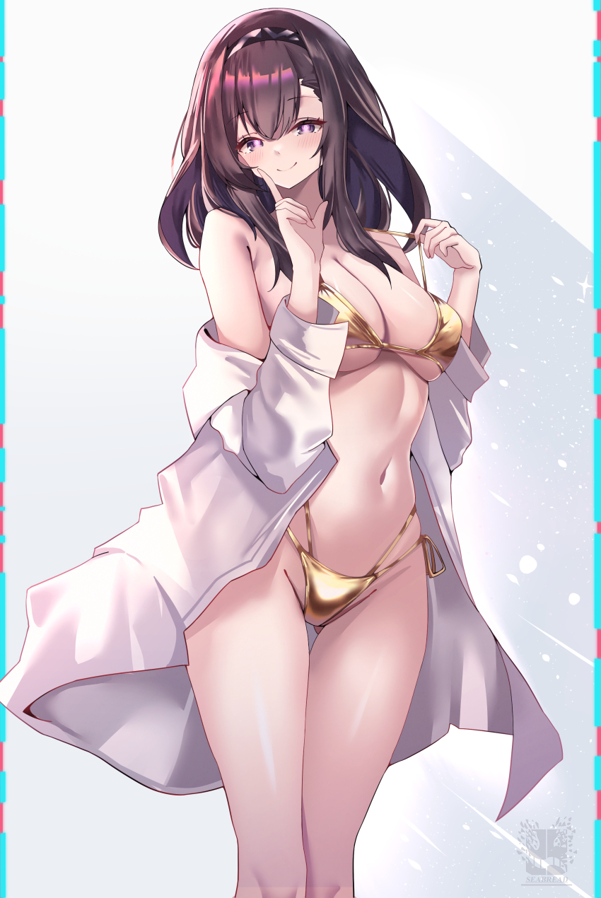 1girl absurdres arknights artist_name bare_shoulders bikini black_hairband blush breasts brown_hair cleavage closed_mouth feet_out_of_frame gold_bikini gold_ribbon hairband highres index_finger_raised lab_coat large_breasts long_hair long_sleeves looking_at_viewer navel open_clothes priestess_(arknights) seabread side-tie_bikini_bottom smile solo standing strap_lift swimsuit symbol-shaped_pupils thigh_gap