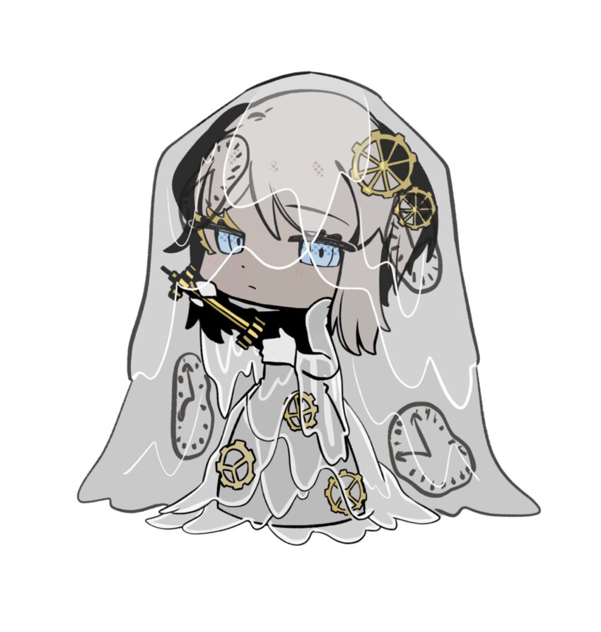 1girl blue_eyes bridal_veil chibi clock clock_print colored_eyelashes dress e.g.o_(project_moon) faust_(project_moon) gears gloves hair_ornament highres holding holding_weapon limbus_company looking_at_viewer merukosu project_moon short_hair solo thick_eyelashes veil weapon wedding_dress white_background white_gloves white_hair