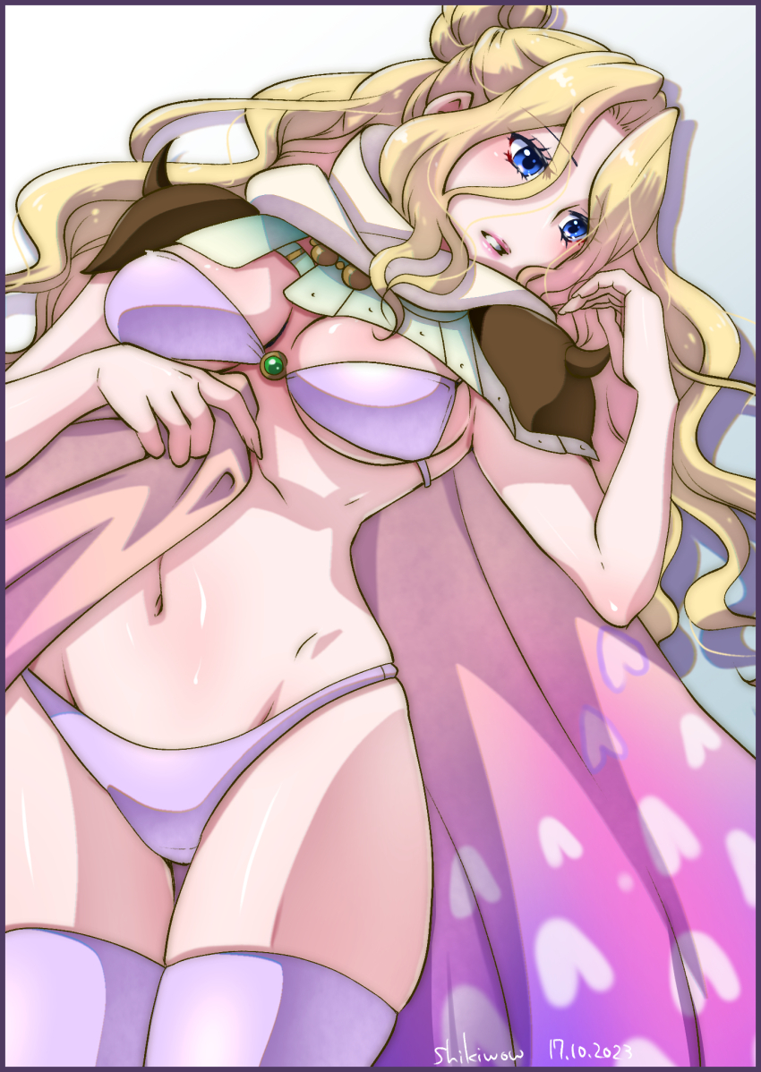 1girl armor artist_name bikini blonde_hair blue_eyes blush breasts cape cleavage cowboy_shot dated final_fantasy final_fantasy_iv highres long_hair looking_to_the_side medium_breasts navel parted_bangs parted_lips pink_cape purple_bikini purple_thighhighs rosa_farrell shikiwo shoulder_armor shoulder_spikes solo spikes swimsuit thighhighs underboob wavy_hair