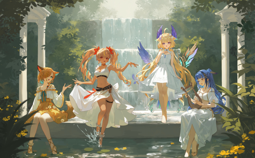 4girls ahoge animal_ears aqua_eyes aqua_hair barefoot bird bird_tail blonde_hair blue_eyes blue_hair blunt_bangs breasts cleavage colored_inner_hair commission dappled_sunlight dark-skinned_female dark_skin dog_ears dog_tail dress earrings enna_alouette flat_chest flower full_body hair_flower hair_ornament hair_over_one_eye haku_yuan head_wings heterochromia high_ponytail highres holding holding_instrument holding_lyre indie_virtual_youtuber instrument isaa_corva jewelry long_hair looking_at_viewer low_twintails low_wings lyre medium_breasts midriff miyoshino_shiki mole mole_under_eye multicolored_hair multiple_girls navel nijisanji nijisanji_en off-shoulder_dress off_shoulder open_mouth orange_hair ponytail prism_project purple_eyes red_eyes sandals second-party_source serina_maiko short_hair single_mechanical_wing sitting skindentation skirt_hold small_breasts smile splashing standing sunlight tail thigh_strap twintails v4mirai very_long_hair virtual_youtuber water waterfall white_dress wings yellow_dress yellow_eyes