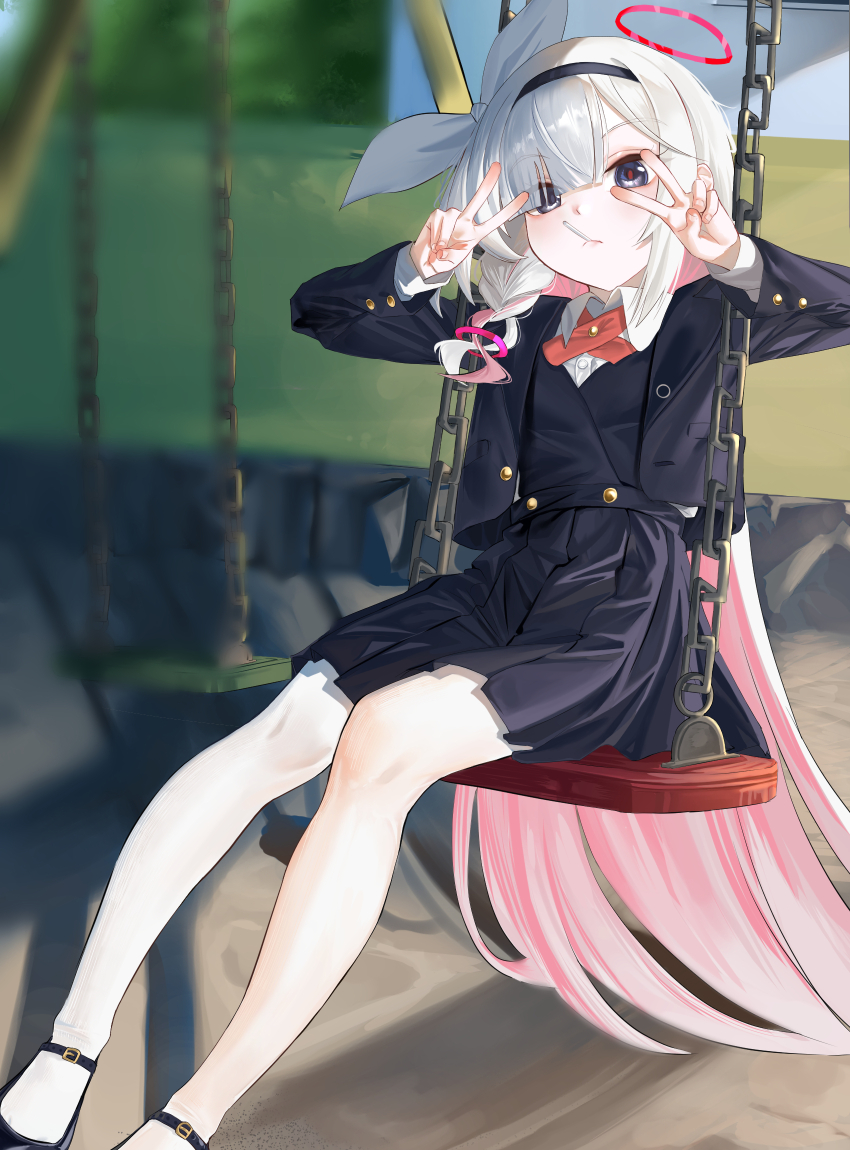1girl alternate_costume black_hairband black_jacket black_skirt black_vest blue_archive blunt_bangs double_v grey_eyes hair_between_eyes hair_ribbon hairband haoma highres jacket long_hair looking_at_viewer on_swing pantyhose plana_(blue_archive) red_ribbon ribbon shirt sidelocks sitting skirt swing v vest white_hair white_pantyhose white_ribbon white_shirt