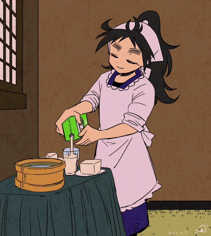 1boy alternate_costume apron artist_logo black_hair bucket cheese closed_eyes closed_mouth crossdressing dated enmaided fine_art_parody flat_color food highres holding_carton indoors kukuchi_heisuke light_smile logo long_hair maid male_focus milk_carton ngr_sd parody ponytail pouring rakudai_ninja_rantarou sleeves_rolled_up square_neckline standing table tablecloth the_milkmaid thick_eyebrows u_u white_apron