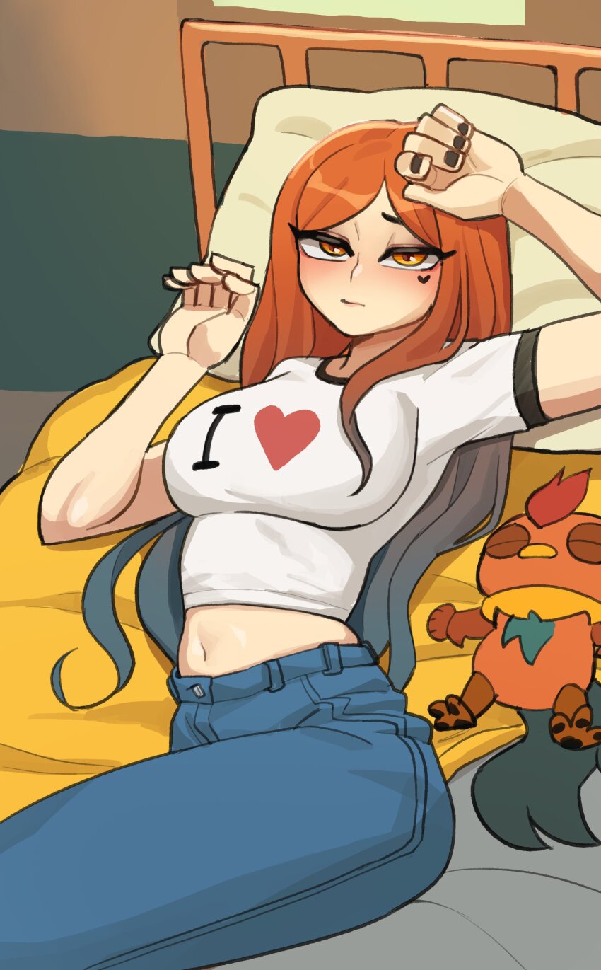 1girl absurdres black_nails blue_pants breasts closed_mouth commentary cowboy_shot denim english_commentary facial_mark hair_down hands_up heart heart_facial_mark highres hyyun_ho i_heart... jeans june_(hyyun_ho) large_breasts long_hair looking_at_viewer lying midriff navel on_back on_bed orange_eyes orange_hair original pants pillow shirt solo white_shirt