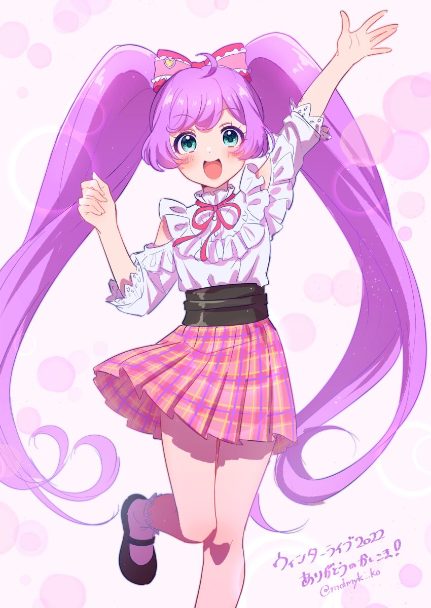 1girl :d ahoge arm_up black_footwear blue_eyes bow clothing_cutout collared_shirt commentary_request foot_out_of_frame hair_bow hand_up highres long_hair looking_at_viewer manaka_laala mendamen neck_ribbon open_mouth outstretched_arm pink_bow pink_ribbon pink_skirt plaid_clothes plaid_skirt pleated_skirt pretty_series pripara purple_hair ribbon shirt shoulder_cutout skirt smile socks solo standing standing_on_one_leg translation_request twintails twitter_username very_long_hair white_shirt white_socks
