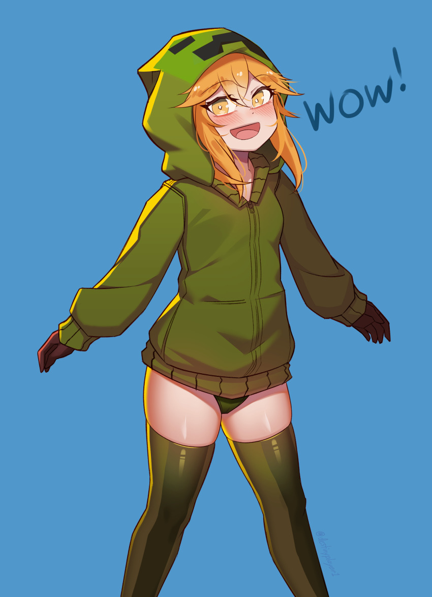 1girl absurdres black_gloves creeparka creeper cupa_(at2.) destinyplayer1 gloves green_hoodie green_panties green_thighhighs highres hood hoodie long_hair long_sleeves looking_at_viewer minecraft mob_talker open_mouth orange_hair panties personification short_hair smile solo thighhighs underwear