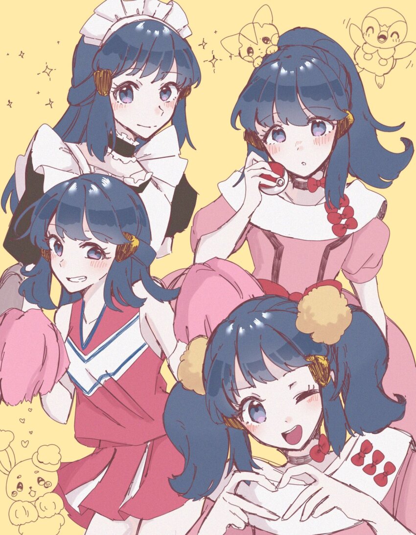 alternate_costume alternate_hairstyle blue_hair bow buneary cheerleader dawn_(pokemon) enekonoshippo27 gen_4_pokemon hair_ornament hairpin heart heart_hands highres maid maid_headdress nintendo pachirisu piplup poke_ball pokemon pokemon_(anime) pokemon_(creature) pokemon_dppt_(anime) ponytail red_bow yellow_background