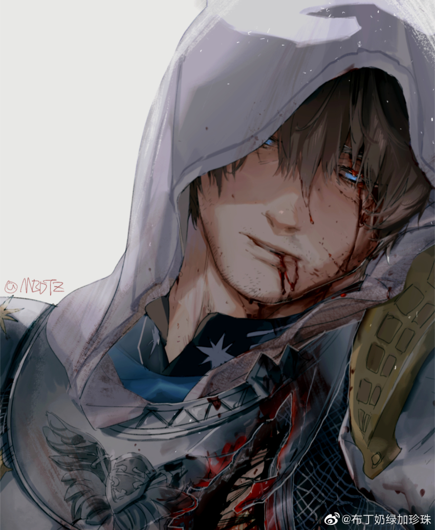 1boy adventurer_(ff14) armor bleeding blood blood_from_mouth blood_on_face blue_eyes brown_hair facial_hair final_fantasy final_fantasy_xiv half-closed_eyes highres hood hood_up hyur injury looking_at_viewer male_focus mbdtz portrait short_hair simple_background stubble warrior_of_light_(ff14) watermark weibo_watermark white_background