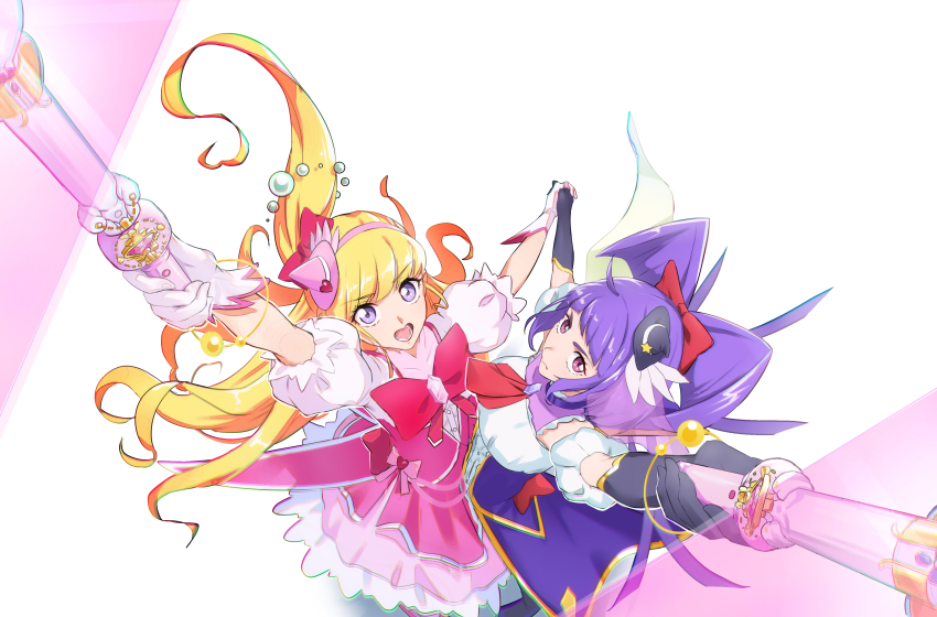 2girls absurdres asahina_mirai black_gloves black_hat blonde_hair boots bow bowtie brooch closed_mouth commentary_request cure_magical cure_miracle detached_sleeves dress elbow_gloves gloves hair_bow hairband hat high_heel_boots high_heels highres holding_hands izayoi_liko jewelry long_hair magical_girl mahou_girls_precure! mahou_girls_precure!!_mirai_days multiple_girls one_side_up open_mouth pink_bow pink_bowtie pink_eyes pink_hairband pink_hat precure puffy_detached_sleeves puffy_short_sleeves puffy_sleeves purple_eyes purple_hair red_bow short_sleeves two-tone_dress white_gloves witch_hat yoruta_(yossy_puyo_holo)