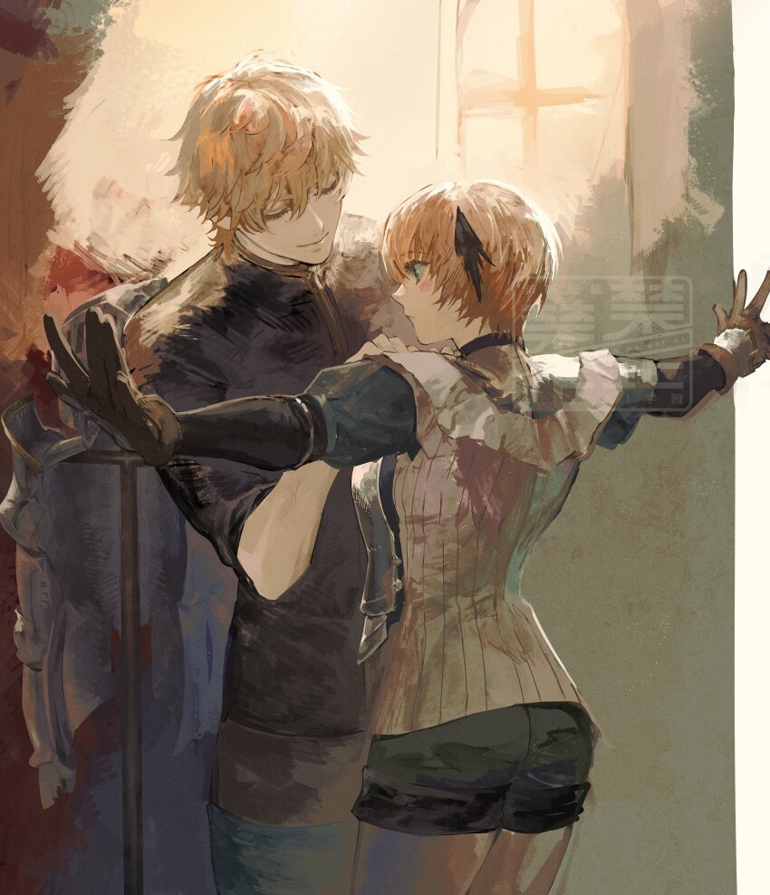 1boy 1girl araya_(hachino_araya) armor black_shorts blonde_hair breastplate brother_and_sister brown_gloves brown_tunic closed_eyes dressing_another fate/grand_order fate_(series) gareth_(fate) gareth_(first_ascension)_(fate) gawain_(fate) gloves green_eyes hair_flaps highres shorts siblings smile tunic watermark window