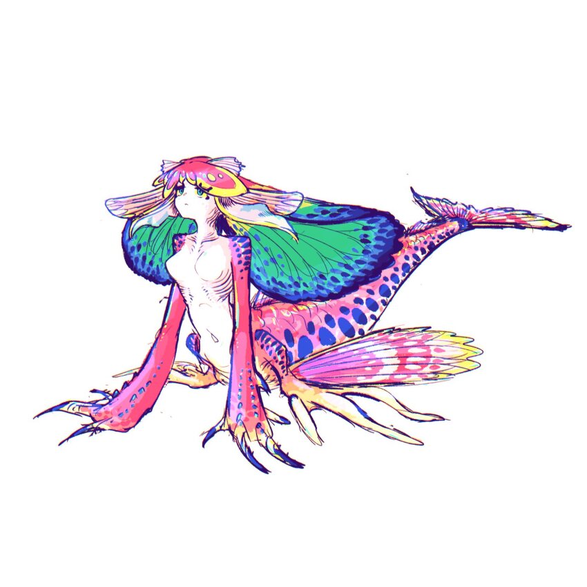 1girl animal_hands blue_eyes breasts claws collarbone colored_sclera colored_skin expressionless fins full_body gills head_fins highres medium_breasts monster_girl multicolored_skin navel original pink_hair pink_skin scales shrimp_tail simple_background solo spots tail tama_go_shi white_background white_skin yellow_sclera