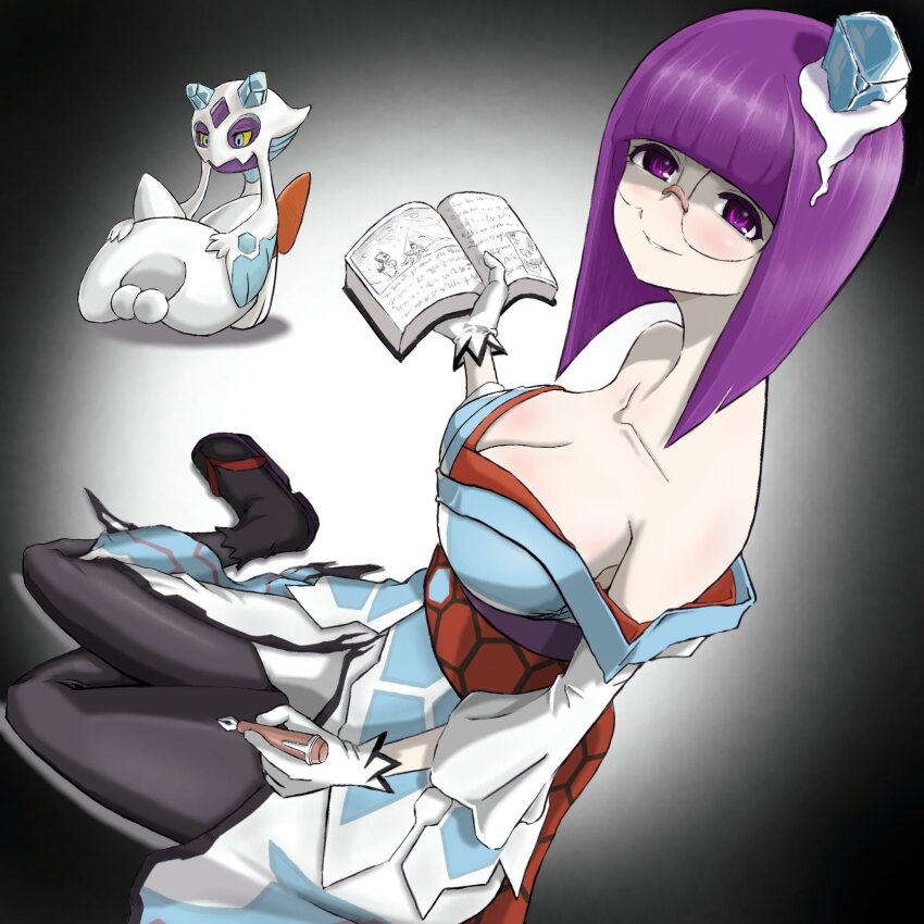 breasts cleavage froslass gen_4_pokemon highres large_breasts nintendo official_alternate_costume pokemon pokemon_(creature) pokemon_masters_ex purple_eyes purple_hair shauntal_(fall_2024)_(pokemon) shauntal_(pokemon) taro_quidare