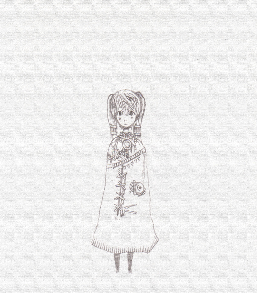 1girl bad_id bad_pixiv_id female_focus greyscale hachi_(hati) hachi_p hatsune_miku highres monochrome paper qualia_(vocaloid) solo vocaloid yonezu_kenshi