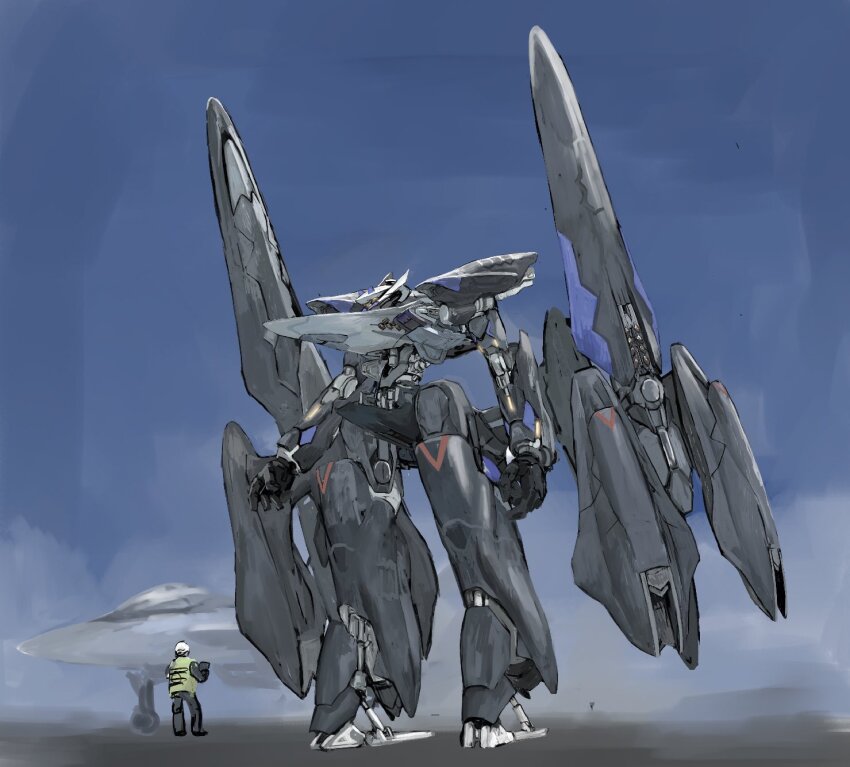 1other aircraft airplane ambiguous_gender black_jacket black_pants fighter_jet helmet highres jacket mecha mecha_focus mikan_lemon military_vehicle open_hands original pants robot science_fiction sky solo_focus standing vest white_headwear yellow_vest