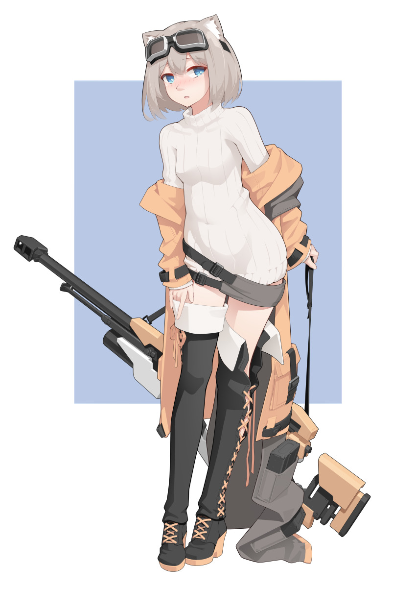1girl absurdres animal_ears belt blonde_hair blue_eyes blush bob_cut boots borrowed_character breasts coat commentary dress english_commentary full_body goggles goggles_on_head gun highres looking_at_viewer muzzle_device open_clothes original reel_helioterrace_(rivun) revision ribbed_sweater rifle short_hair simple_background small_breasts sniper_rifle solo standing sweater sweater_dress thigh_boots turtleneck turtleneck_sweater vectorek weapon white_sweater yellow_coat