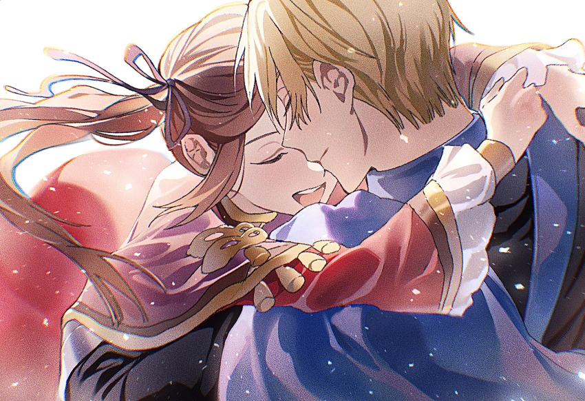1boy 1girl aged_down arm_around_shoulder black_shirt blonde_hair blue_cape brown_hair cape capelet child closed_eyes dated_commentary dimitri_alexandre_blaiddyd edelgard_von_hresvelg edelgard_von_hresvelg_(young) fire_emblem fire_emblem:_three_houses frilled_sleeves frills from_above garreg_mach_monastery_uniform gold_trim hair_intakes hair_ribbon hetero highres hug long_sleeves nintendo open_mouth purple_ribbon red_capelet red_skirt ribbon shirt side_cape simple_background skirt smile soma_otakuu teeth twintails upper_teeth_only white_background