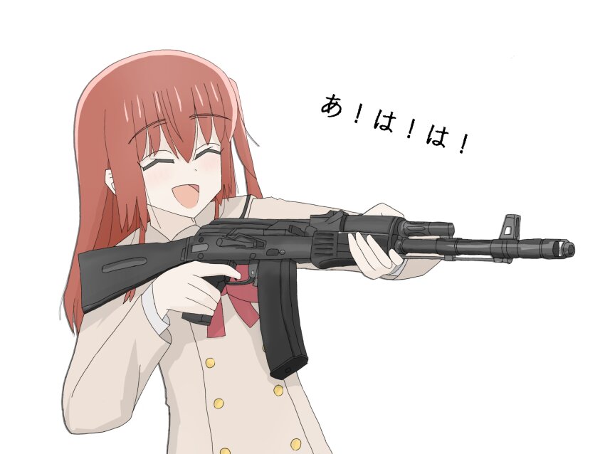 1girl ^_^ ak-74m assault_rifle bocchi_the_rock! bow bowtie brown_shirt closed_eyes finger_on_trigger gun hair_between_eyes hashtag-only_commentary highres holding holding_gun holding_weapon kalashnikov_rifle kita_ikuyo laughing long_hair long_sleeves one_side_up open_mouth red_bow red_bowtie red_hair rifle school_uniform shirt shuka_high_school_uniform simple_background solo weapon white_background