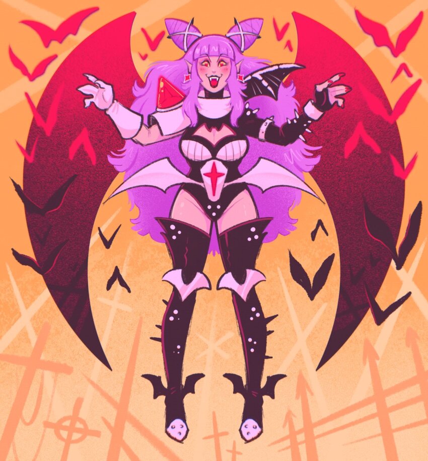 1girl bat_(animal) bat_wings black_thighhighs breasts cleavage cleavage_cutout clothing_cutout colored_skin commentary cross earrings english_commentary evil_grin evil_smile fingerless_gloves gloves grin highres jewelry long_hair mostlyghostly original pink_hair pointy_ears red_nails sharp_teeth single_earring smile solo spikes teeth thighhighs tokusatsu vampire very_long_hair wings