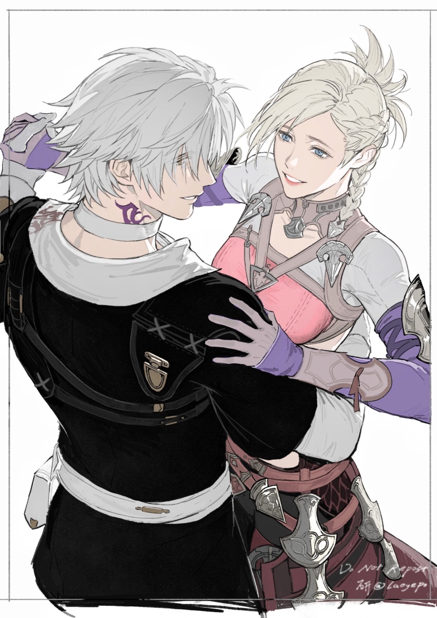 1boy 1girl archon_mark black_jacket blonde_hair blue_eyes braid choker cowboy_shot dancing final_fantasy final_fantasy_xiv from_above hand_on_another&#039;s_shoulder highres holding_hands hyur inset_border jacket laoyepo looking_at_another minfilia_warde neck_tattoo short_hair signature simple_background smile swept_bangs tattoo thancred_waters twitter_username white_background white_choker white_hair yellow_eyes