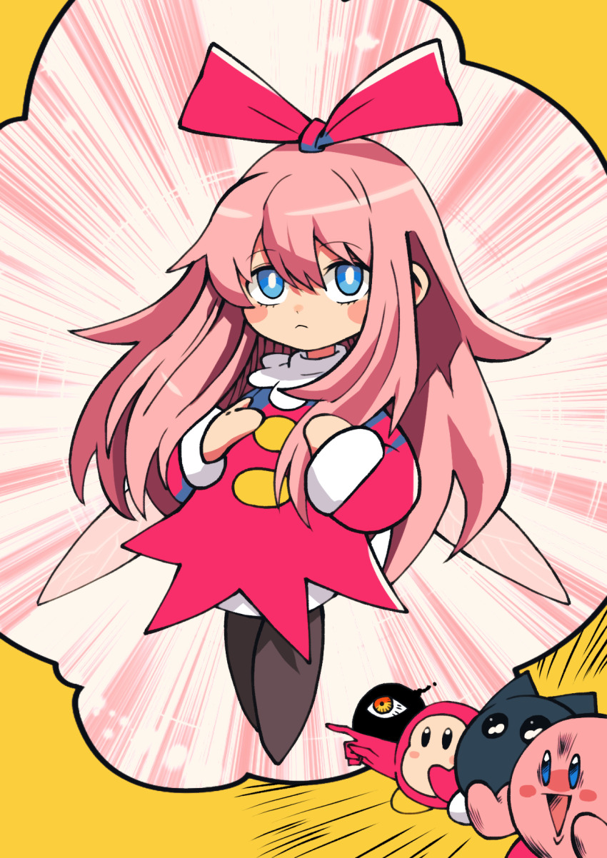 1girl alternate_hair_length alternate_hairstyle batchgooya blue_eyes blush_stickers dark_matter_(kirby) dress fairy_wings gaijin_4koma_(meme) highres kirby kirby_(series) kirby_64 meme n-z nintendo open_mouth pink_hair red_dress red_ribbon ribbon ribbon_(kirby) solid_oval_eyes waddle_dee wings