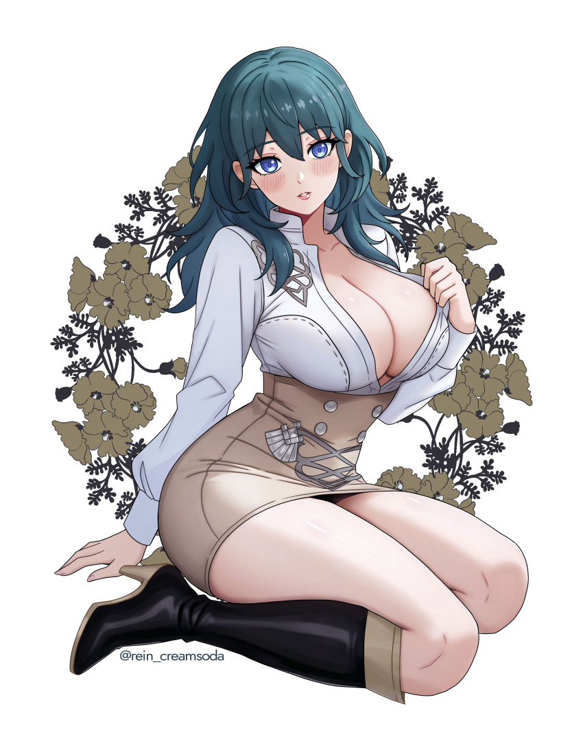 1girl absurdres blue_eyes blue_hair breasts byleth_(female)_(summer_wear)_(fire_emblem) cleavage female_byleth_(fire_emblem) fire_emblem fire_emblem:_three_houses hair_between_eyes high-waist_skirt highres large_breasts looking_at_viewer medium_hair nintendo official_alternate_costume open_mouth rein_creamsoda simple_background skirt solo thick_thighs thighs white_background